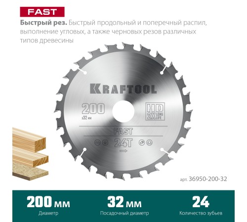 KRAFTOOL Fast, 200 х 32 мм, 24Т, пильный диск по дереву (36950-200-32) KRAFTOOL Fast, 200 х 32 мм, 24Т, пильный диск по дереву (36950-200-32)