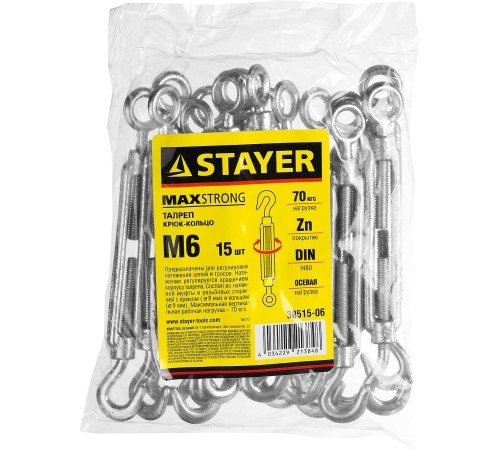 STAYER М6, 15 шт., талреп DIN 1480, крюк-кольцо 30515-06 STAYER М6, 15 шт., талреп DIN 1480, крюк-кольцо 30515-06