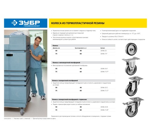 ЗУБР 75 мм, 60 кг, колесо 30946-75 Профессионал