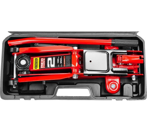 STAYER 2т, 130-350 мм, домкрат гидравлический подкатной в кейсе RED FORCE 43153-2-K STAYER 2т, 130-350 мм, домкрат гидравлический подкатной в кейсе RED FORCE 43153-2-K