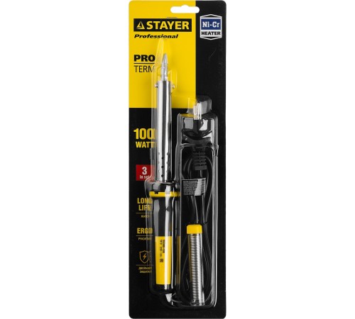 STAYER 100 Вт, 220 В, клин, двухкомпонентная рукоятка, электропаяльник Proterm 55300-100 Professional STAYER 100 Вт, 220 В, клин, двухкомпонентная рукоятка, электропаяльник Proterm 55300-100 Professional