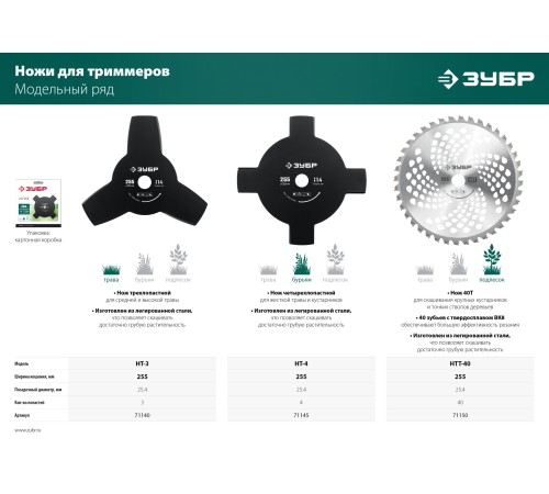 ЗУБР НТ-3, 255 мм, 3T, нож для триммера (71140)