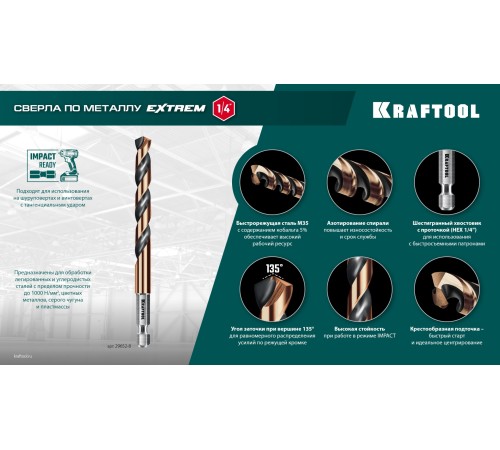 KRAFTOOL НЕХ-1/4″, d 9.0 х 125 мм, сверло по металлу для винтовёртов и шуруповертов IMPACT READY (29652-9) KRAFTOOL НЕХ-1/4″, d 9.0 х 125 мм, сверло по металлу для винтовёртов и шуруповертов IMPACT READY (29652-9)