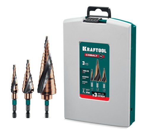 KRAFTOOL COBALT 3 шт., 4-32мм, азотирование, винтовая спираль, набор сверл ступенчатых(29691-4-32-H3) KRAFTOOL COBALT 3 шт., 4-32мм, азотирование, винтовая спираль, набор сверл ступенчатых(29691-4-32-H3)