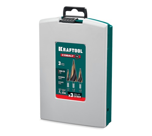 KRAFTOOL COBALT 3 шт., 4-32мм, азотирование, винтовая спираль, набор сверл ступенчатых(29691-4-32-H3) KRAFTOOL COBALT 3 шт., 4-32мм, азотирование, винтовая спираль, набор сверл ступенчатых(29691-4-32-H3)