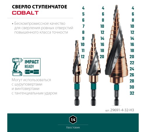 KRAFTOOL COBALT 3 шт., 4-32мм, азотирование, винтовая спираль, набор сверл ступенчатых(29691-4-32-H3) KRAFTOOL COBALT 3 шт., 4-32мм, азотирование, винтовая спираль, набор сверл ступенчатых(29691-4-32-H3)