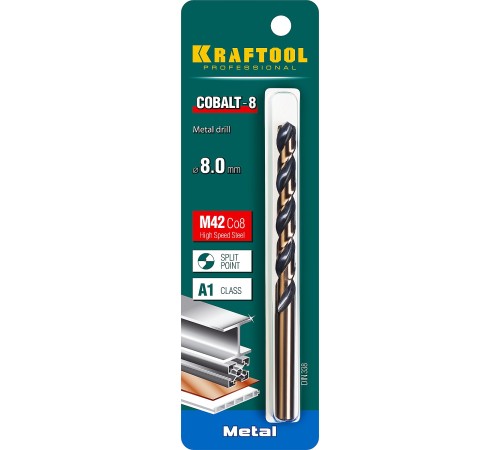 KRAFTOOL Ø 8 х 117 мм, HSS-Co (8%), класс A, сверло по металлу 29656-8 Pro