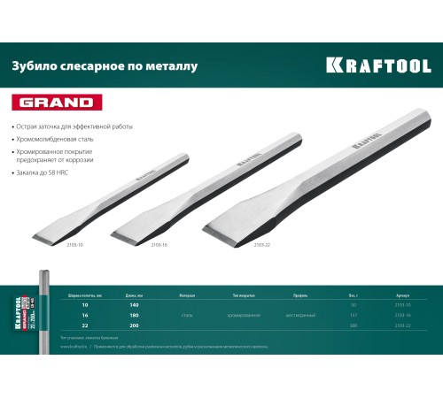 KRAFTOOL 16х180 мм, зубило слесарное по металлу Grand 2103-16 KRAFTOOL 16х180 мм, зубило слесарное по металлу Grand 2103-16