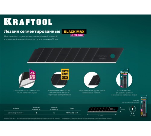 KRAFTOOL 18 мм, 10 шт, лезвия сегментированные BM-18 09602-18-S10 KRAFTOOL 18 мм, 10 шт, лезвия сегментированные BM-18 09602-18-S10