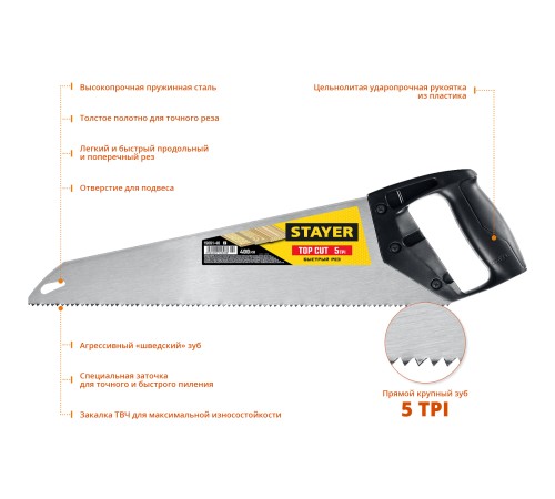 STAYER 5 TPI, 400 мм, ножовка ударопрочная (пила) TopCut 15061-40_z02