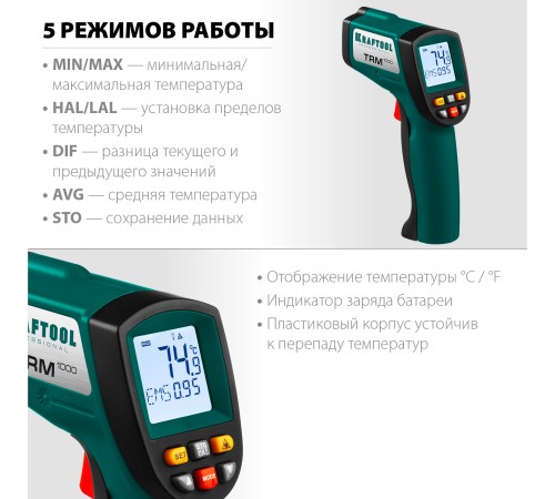 KRAFTOOL -50°С +950°С, пирометр инфракрасный TRM-1000 45703-950 KRAFTOOL -50°С +950°С, пирометр инфракрасный TRM-1000 45703-950