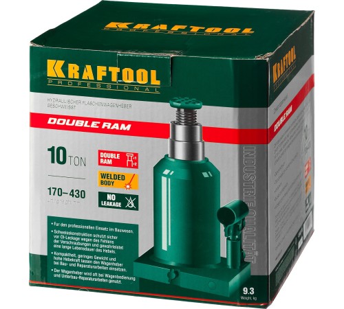 KRAFTOOL 10 т, 170-430 мм, домкрат гидравлический бутылочный сварной телескопический Double Ram 43463-10