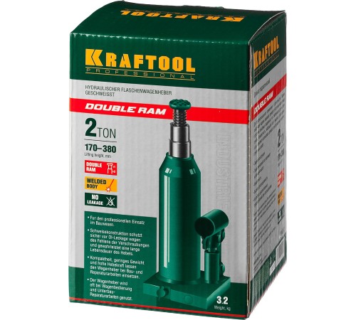 KRAFTOOL 2 т, 170-380 мм, домкрат гидравлический бутылочный сварной телескопический Double Ram 43463-2 KRAFTOOL 2 т, 170-380 мм, домкрат гидравлический бутылочный сварной телескопический Double Ram 43463-2