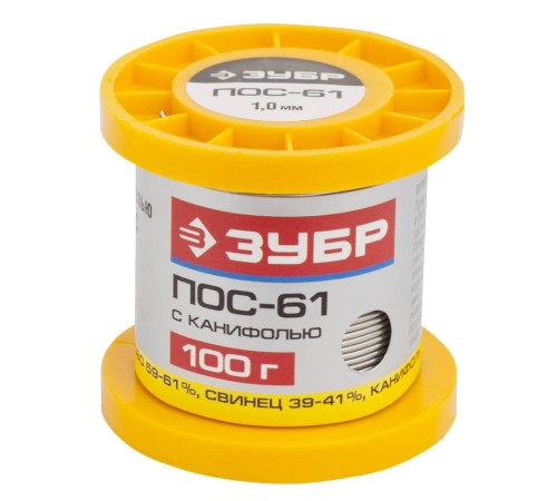 ЗУБР 100 г, ПОС 61, трубка с канифолью, 1 мм, припой 55450-100-10C ЗУБР 100 г, ПОС 61, трубка с канифолью, 1 мм, припой 55450-100-10C