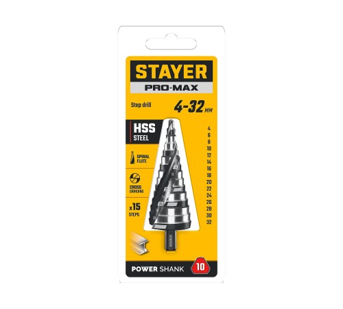 STAYER Pro-Max 4-32мм, 15 ступеней, винтовая спираль, сверло ступенчатое (29661-4-32-15) STAYER Pro-Max 4-32мм, 15 ступеней, винтовая спираль, сверло ступенчатое (29661-4-32-15)