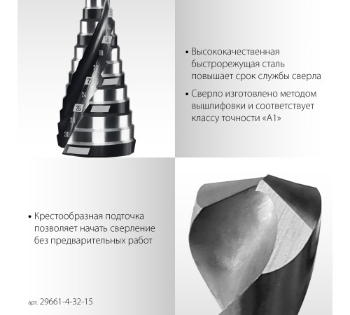 STAYER Pro-Max 4-32мм, 15 ступеней, винтовая спираль, сверло ступенчатое (29661-4-32-15) STAYER Pro-Max 4-32мм, 15 ступеней, винтовая спираль, сверло ступенчатое (29661-4-32-15)