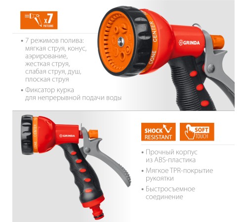 GRINDA 7 режимов, пластиковый с TPR, пистолет поливочный T-7 8-427185 GRINDA 7 режимов, пластиковый с TPR, пистолет поливочный T-7 8-427185