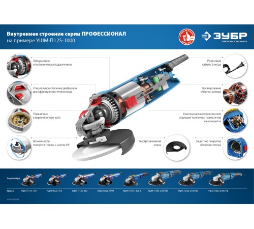ЗУБР 1000 Вт, d125 мм, УШМ, Профессионал (УШМ-П125-1000)