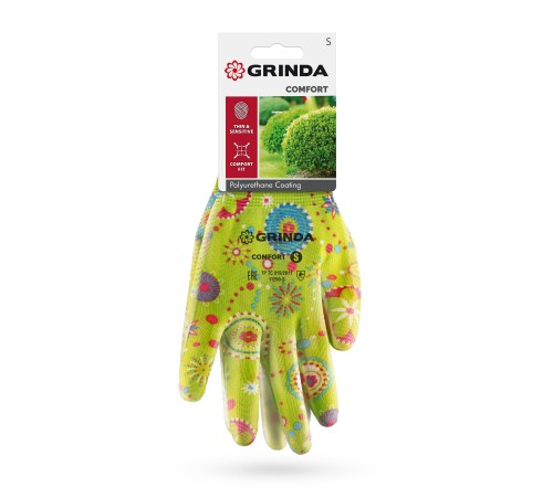 GRINDA COMFORT, S (7), садовые перчатки с прозрачным полиуретановым покрытием, зелёные, 13 класс (11290-S)