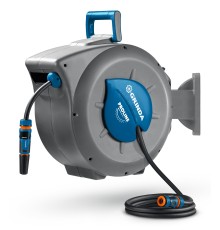 GRINDA HRA-30, шланг 30м x 1/2″, на поворотном кронштейне настенная, поливочный набор 4 предмета, катушка автоматическая со шлангом ProLine (428471)