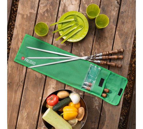 Набор шампуров плоских, 650 мм, с деревянной рукояткой, в чехле, 6 шт., Camping// Palisad