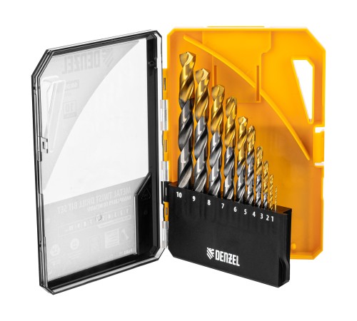 Набор сверл по металлу, 1-10 мм, Р6М5-TiN, Golden Tip, 10 шт Denzel
