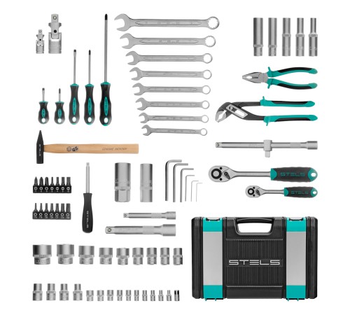 Набор инструментов, 1/2, 1/4, CrV, пластиковый кейс, 76 предметов Stels