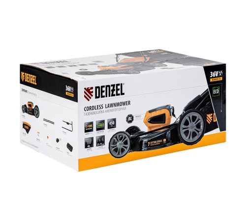 Газонокосилка аккумуляторная бесщеточная RLM450-36, Li-ion, 36 В, 4 Ач, 450 мм, травосборник 40 л Denzel
