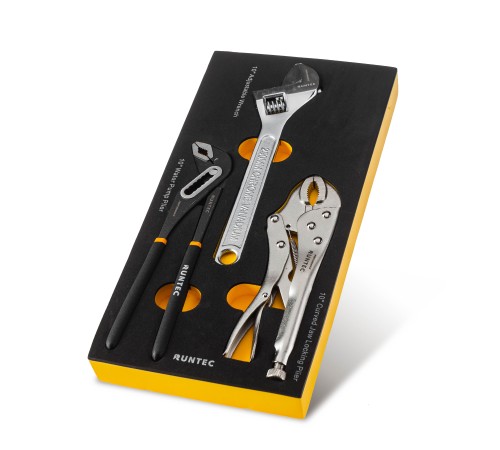 RUNTEC RT-LP1E3F Набор ручных инструментов RUNTEC клещи зажимные, клещи переставные, ключ разводной в ложементе EVA, 3 предмета