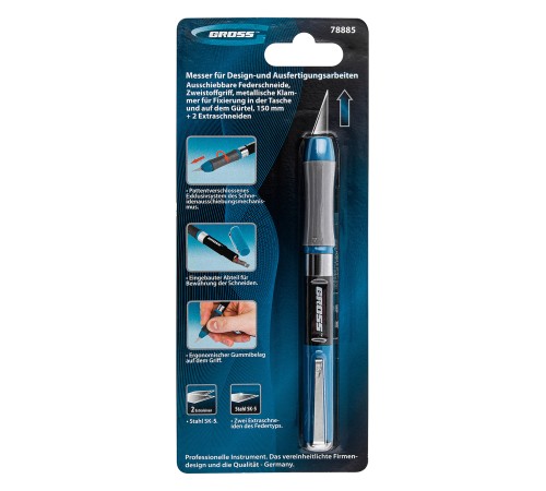 Нож для дизайна, выдвижное перовое лезвие, двухкомпонентная рукоятка, металлическая клипса для фиксации, 150 мм, 2 запасных лезвия Gross Нож для дизайна, выдвижное перовое лезвие, двухкомпонентная рукоятка, металлическая клипса для фиксации, 150 мм, 2 запасных лезвия Gross