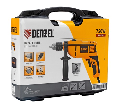 Дрель ударная ID-750, 750 Вт, 0-3000 об/мин, 48000 уд/мин Denzel