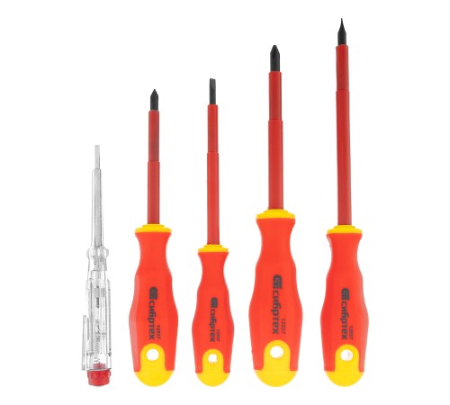 Набор отверток диэлектрических до 1000 В, 5 шт, тестер, CrV, двухкомпонентные рукоятки Сибртех