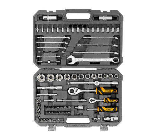 Набор инструментов, 1/2", 1/4", CrV, S2, пластиковый кейс, 82 предмета Denzel