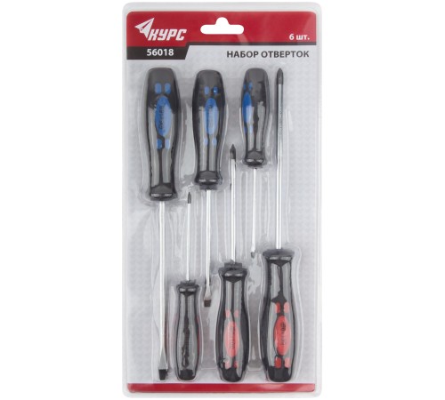 Отвертки "Стандарт", CrV сталь, магнитный наконечник, прорезиненные ручки, блистер, набор 6 шт. КУРС