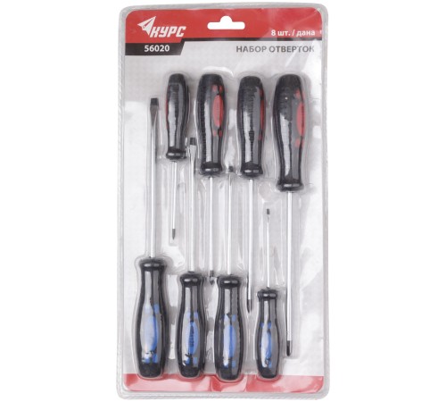 Отвертки "Стандарт", CrV сталь, магнитный наконечник, прорезиненные ручки, блистер, набор 8 шт. КУРС