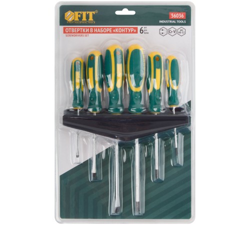 Отвертки "Контур", CrV сталь, прорезиненные ручки, на держателе, набор 6 шт. FIT IT