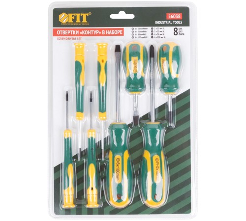 Отвертки "Контур", CrV сталь, прорезиненные ручки, 4 шт. + отвертки для точных работ 4 шт., блистер, набор 8 шт. FIT IT