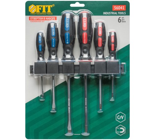 Отвертки "Универсал", CrV сталь, прорезиненные ручки, на держателе, набор 6 шт. FIT IT