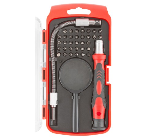 Отвертка с битами для точных работ, 33 CrV биты, гибкий переходник 175 мм, лупа, пластиковый бокс КУРС