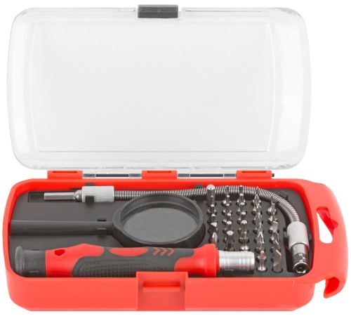 Отвертка с битами для точных работ, 33 CrV биты, гибкий переходник 175 мм, лупа, пластиковый бокс КУРС