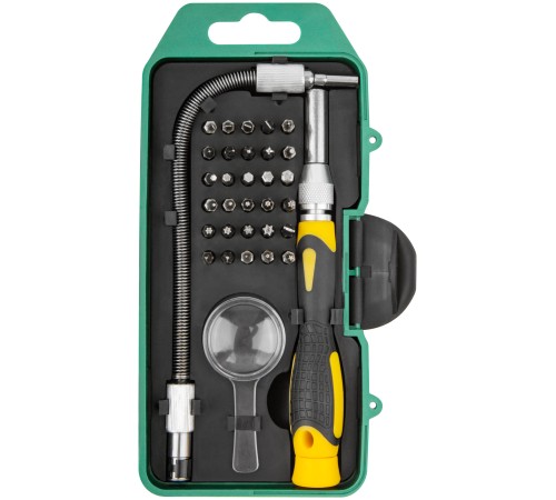 Отвертка с битами для точных работ, 30 CrV бит, гибкий переходник 190 мм, лупа, пластиковый бокс FIT IT