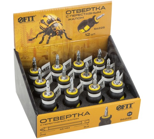 Отвертка c переставным жалом "коротыш", CrV сталь, прорезиненная ручка 6х25 мм PH2/SL6, шоу-бокс FIT IT