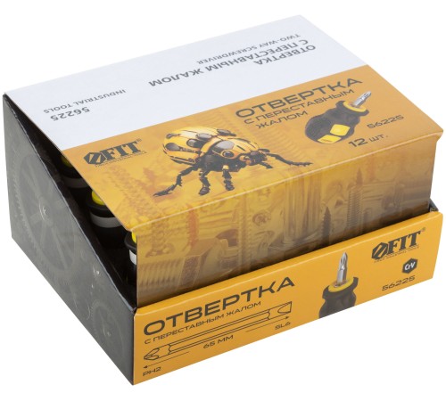 Отвертка c переставным жалом "коротыш", CrV сталь, прорезиненная ручка 6х25 мм PH2/SL6, шоу-бокс FIT IT