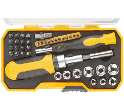 Отвертки реверсивная и для точных работ, набор 41 шт., пластиковый прорезиненный кейс FIT IT Отвертки реверсивная и для точных работ, набор 41 шт., пластиковый прорезиненный кейс FIT IT