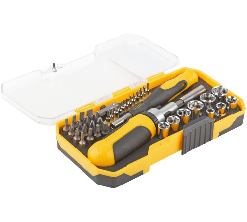 Отвертки реверсивная и для точных работ, набор 41 шт., пластиковый прорезиненный кейс FIT IT Отвертки реверсивная и для точных работ, набор 41 шт., пластиковый прорезиненный кейс FIT IT