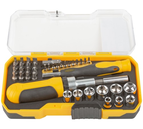 Отвертки реверсивная и для точных работ, набор 41 шт., пластиковый прорезиненный кейс FIT IT Отвертки реверсивная и для точных работ, набор 41 шт., пластиковый прорезиненный кейс FIT IT