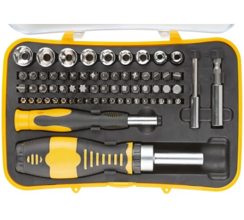 Отвертки реверсивная и для точных работ, набор 65 шт., пластиковый прорезиненный кейс FIT IT Отвертки реверсивная и для точных работ, набор 65 шт., пластиковый прорезиненный кейс FIT IT