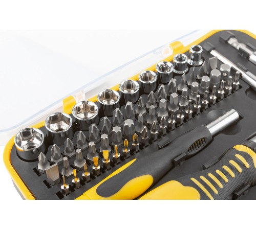 Отвертки реверсивная и для точных работ, набор 65 шт., пластиковый прорезиненный кейс FIT IT Отвертки реверсивная и для точных работ, набор 65 шт., пластиковый прорезиненный кейс FIT IT