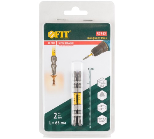 Биты кованые, сталь S2, двусторонние  65 мм PH2/РН2, Профи  2 шт., блистер FIT HQ
