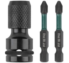 Адаптер для бит ударный CrV Профи 1/2"- НЕХ 1/4", 50 мм + 2 биты S2 кованые ударные 50 мм FIT HQ